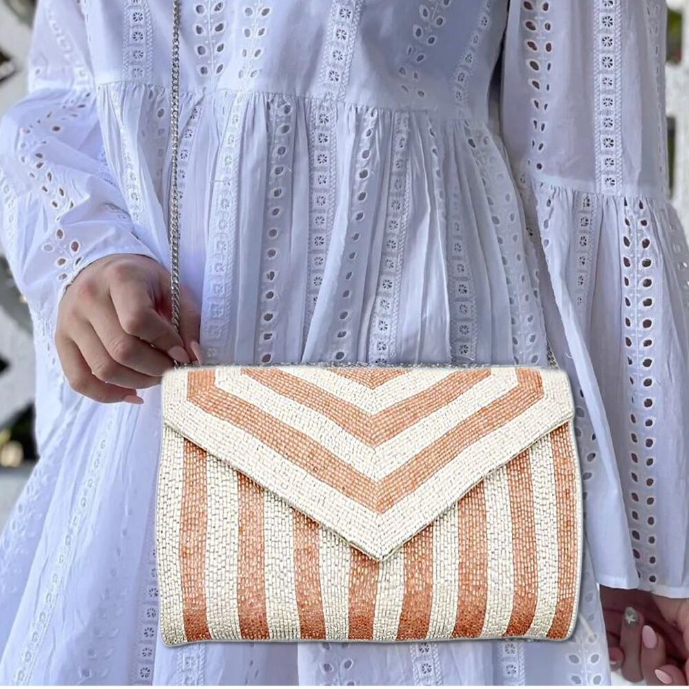 NEW Seed Beaded Ivory & Pink Striped Summer Crossbody Chain Clutch Handbag Bag